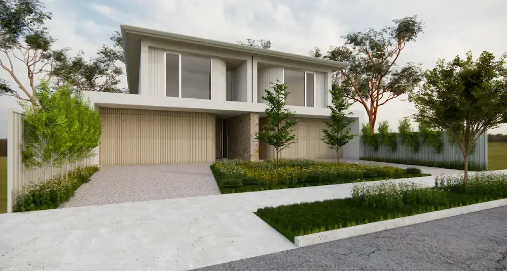 Modern two-story home with a minimalist façade, landscaped front yard, and double garage.