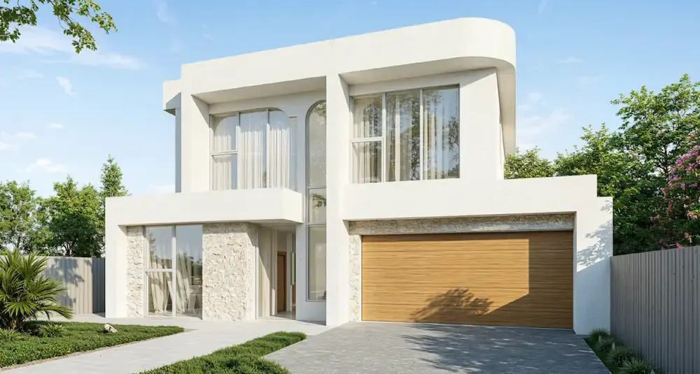 Modern two-story home with white exterior, stone accents, and a wood-look double garage door.