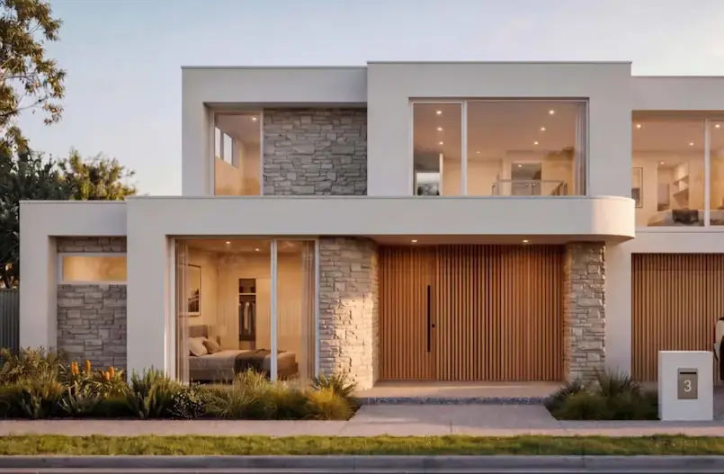Modern home exterior with stone accents, wood garage door, and large windows.
