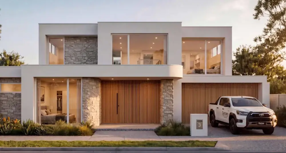 Modern two-story home with stone accents, large windows, and a wood-slat garage door.