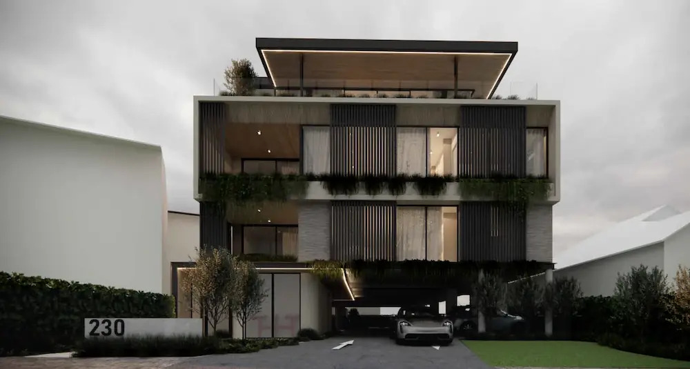 Modern three-story apartment building with rooftop terrace, vertical slat façade, and covered parking.