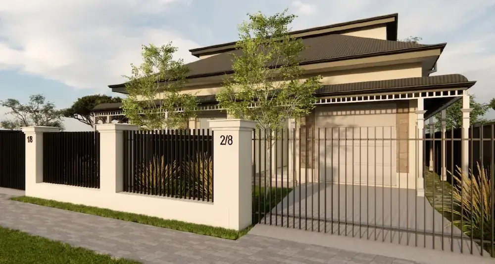 Modern single-story home with gated entrance, black metal fencing, and covered garage.