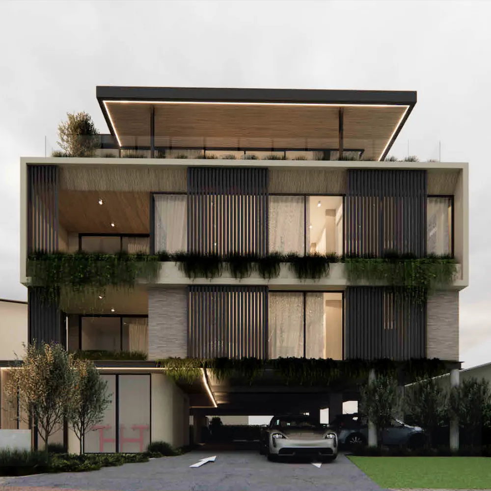 Modern three-story apartment building with rooftop terrace, vertical slat façade, and covered parking.