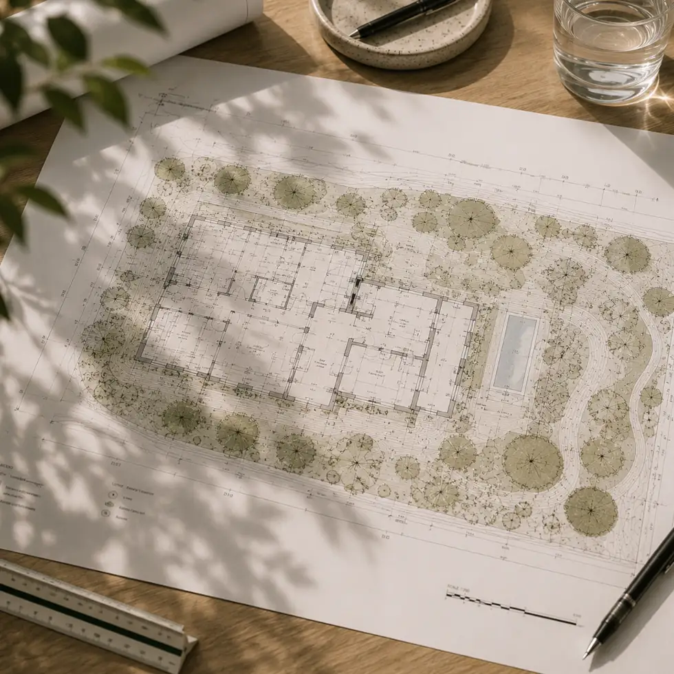 Landscape plan and architectural site drawing displayed on a wooden desk with drafting tools.