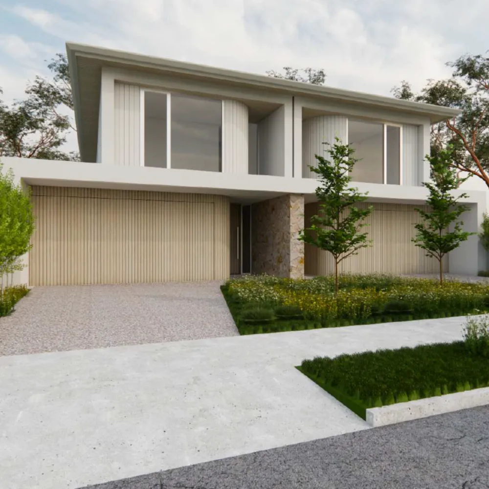 Contemporary two-story home with clean lines, vertical cladding, and landscaped front yard.